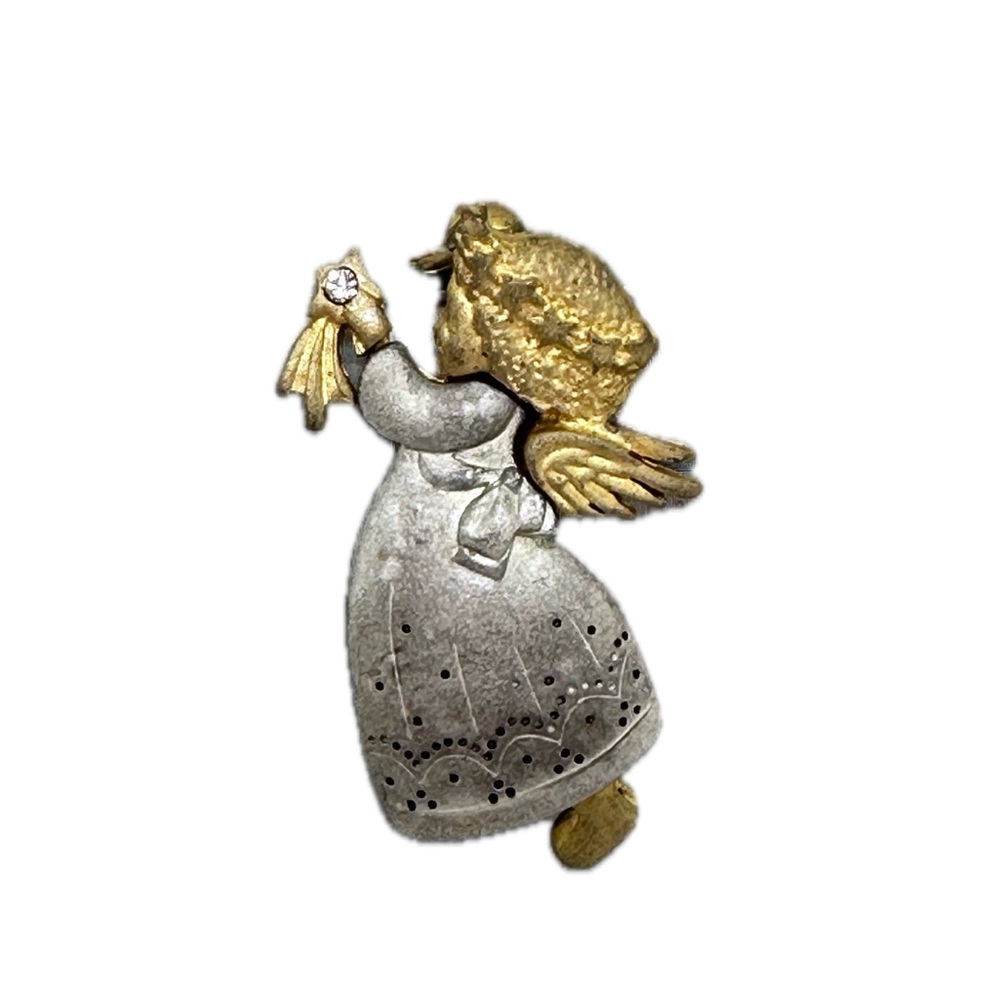 Vintage Danecraft Silver and Gold Tone with Clear Rhinestone Angel Brooch Pin